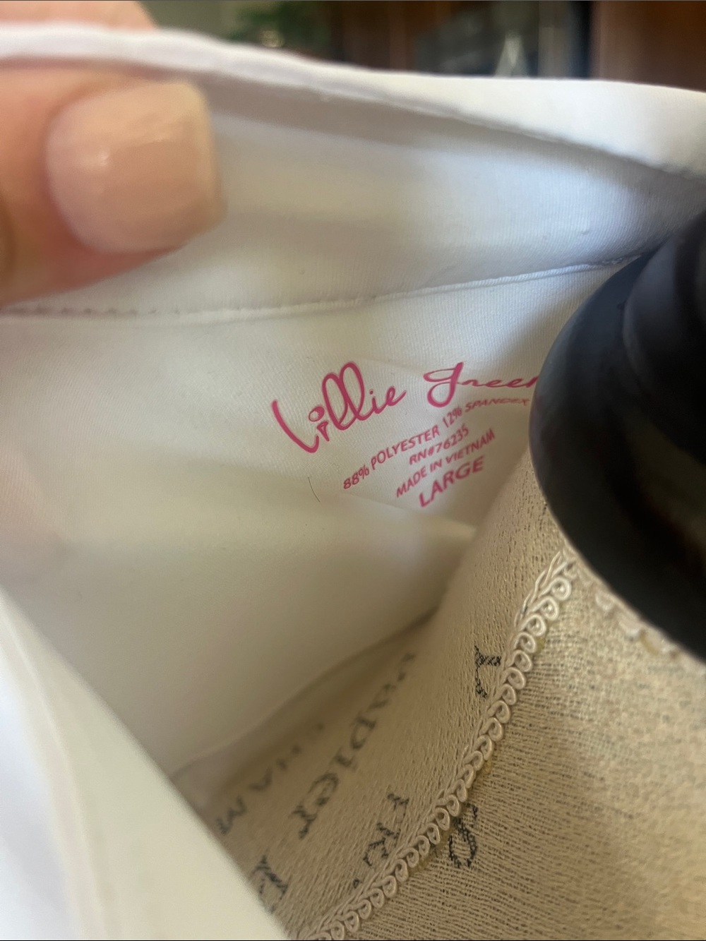 EUC Lillie Green white long sleeve quarter zip W/navy ruffle trim on shoulder Lg - Picture 3 of 5